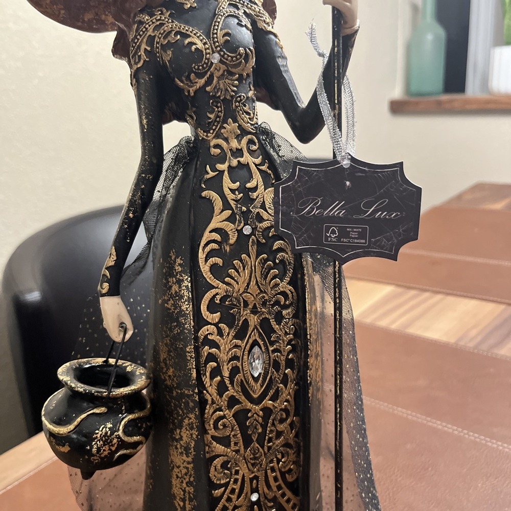 Bella Lux Gothic Witch Figurine Halloween Decor Black Gold Tulle Gown Broom 18in - Picture 3 of 10